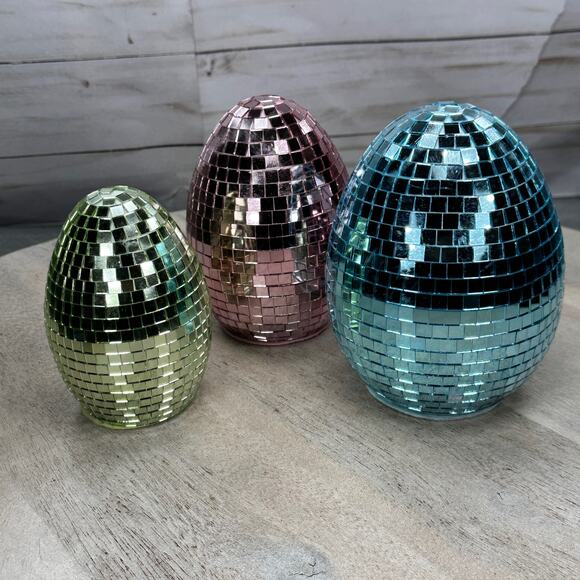 Easter Disco Table Top Eggs Mirror Pastel 3 Egg Set Pink Blue Yellow New Glitter - Picture 10 of 10
